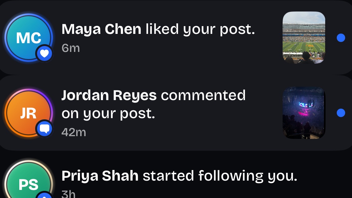 Activity: Maya Chen liked your post, Jordan Reyes commented, Priya Shah started following you.
