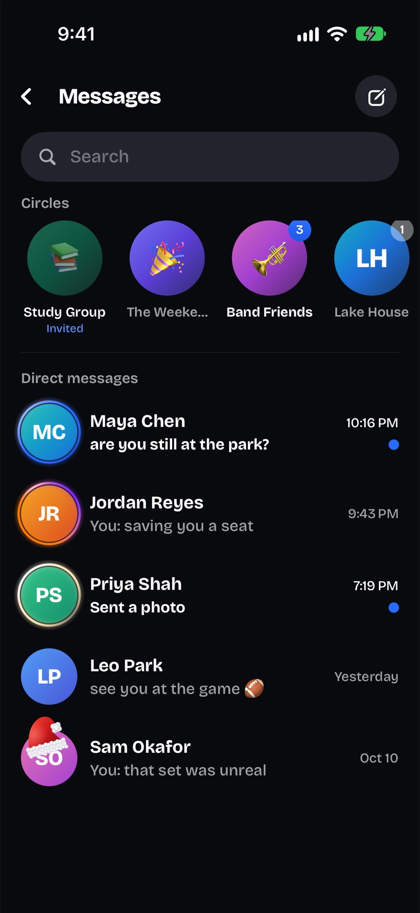 Messages, with Circles at the top and direct messages below.